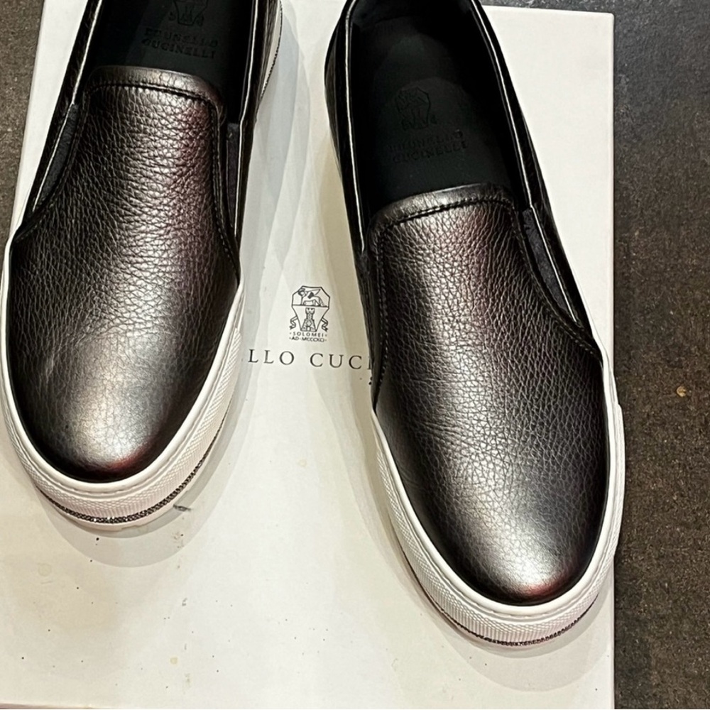 Brunello Cucinelli Shiny Metallic Leather Slip-Ons